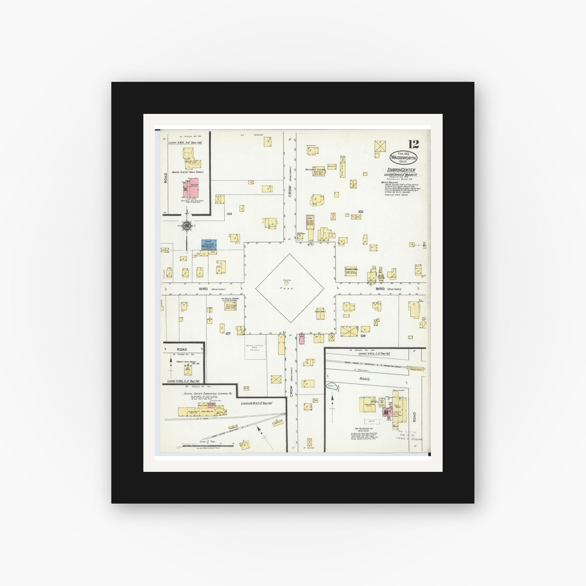 Old map wall art mockup — black gallery frame with white mat — Sanborn Fire Insurance Map from Wadsworth, Medina County, Ohio (1923), Sheet #0012
