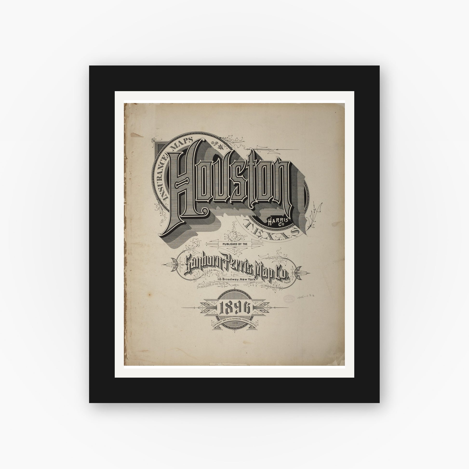 Old map wall art mockup — black gallery frame with white mat — Sanborn Fire Insurance Map from Houston, Harris County, Texas (1896), Sheet #0001
