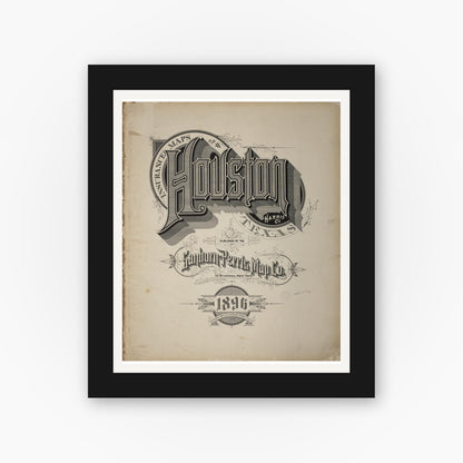 Old map wall art mockup — black gallery frame with white mat — Sanborn Fire Insurance Map from Houston, Harris County, Texas (1896), Sheet #0001