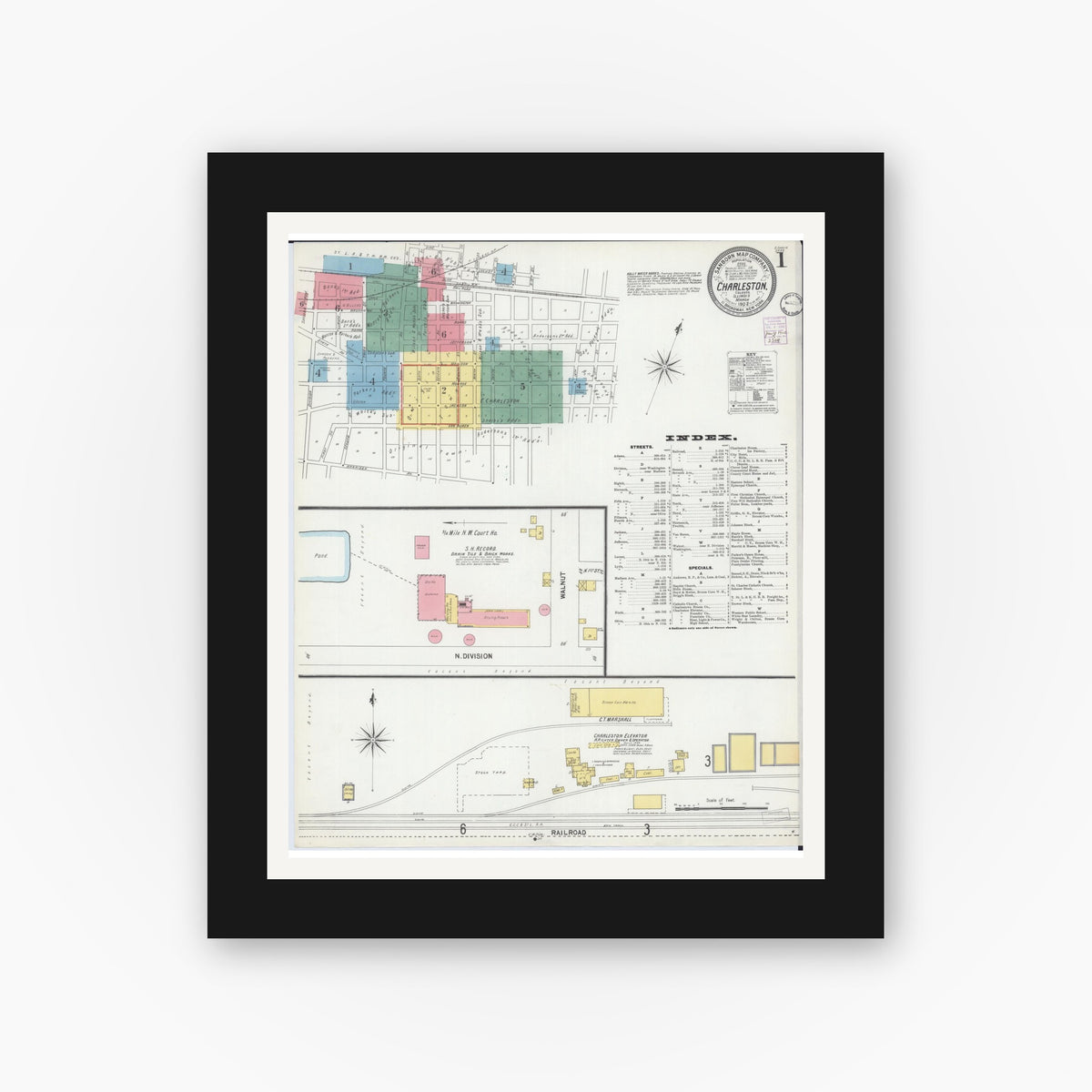 Old map wall art mockup — black gallery frame with white mat — Sanborn Fire Insurance Map from Charleston, Coles County, Illinois (1902) - Complete Map Set