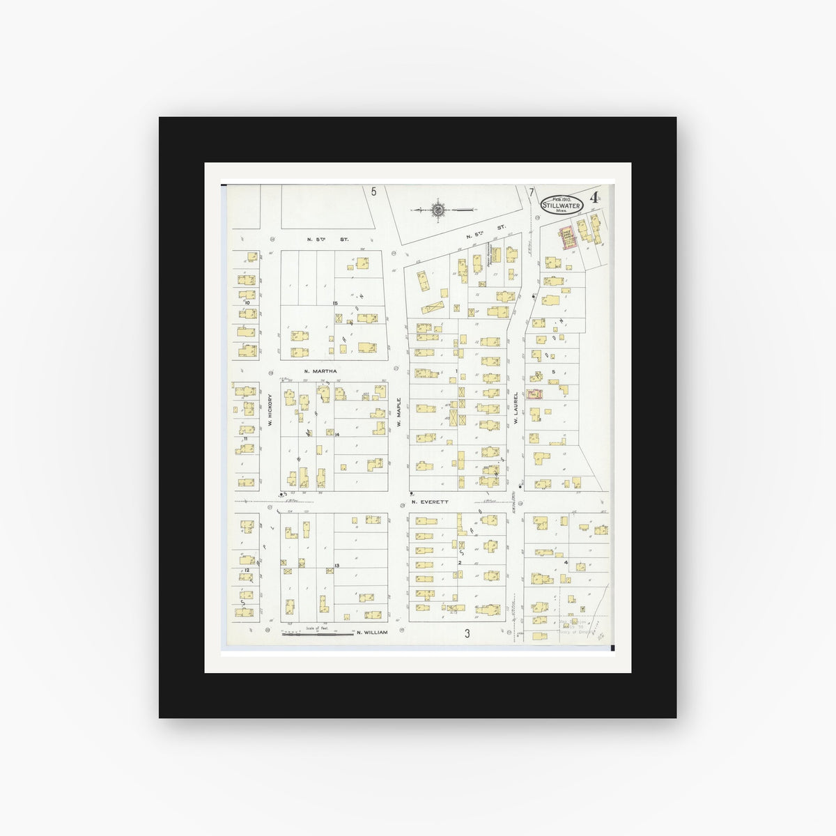 Old map wall art mockup — black gallery frame with white mat — Sanborn Fire Insurance Map from Stillwater, Washington County, Minnesota (1910), Sheet #0004