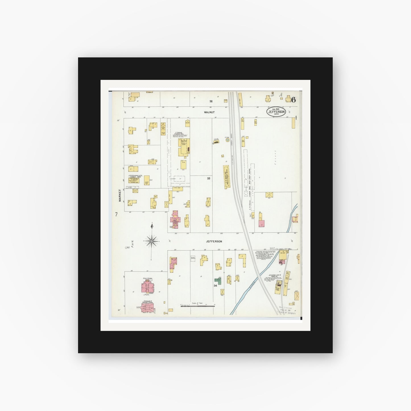 Old map wall art mockup — black gallery frame with white mat — Sanborn Fire Insurance Map from Jefferson, Ashtabula County, Ohio (1902), Sheet #0006
