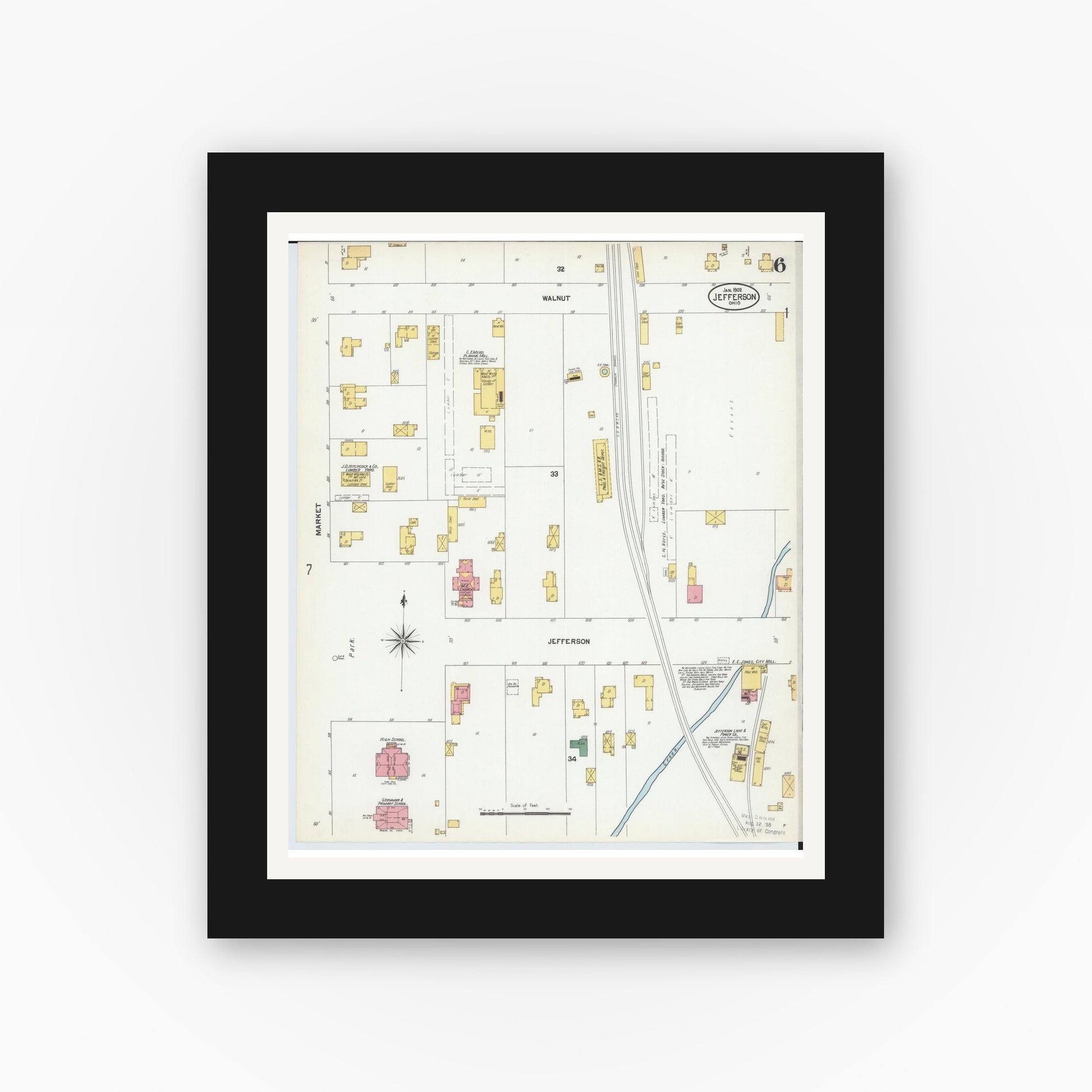 Old map wall art mockup — black gallery frame with white mat — Sanborn Fire Insurance Map from Jefferson, Ashtabula County, Ohio (1902), Sheet #0006