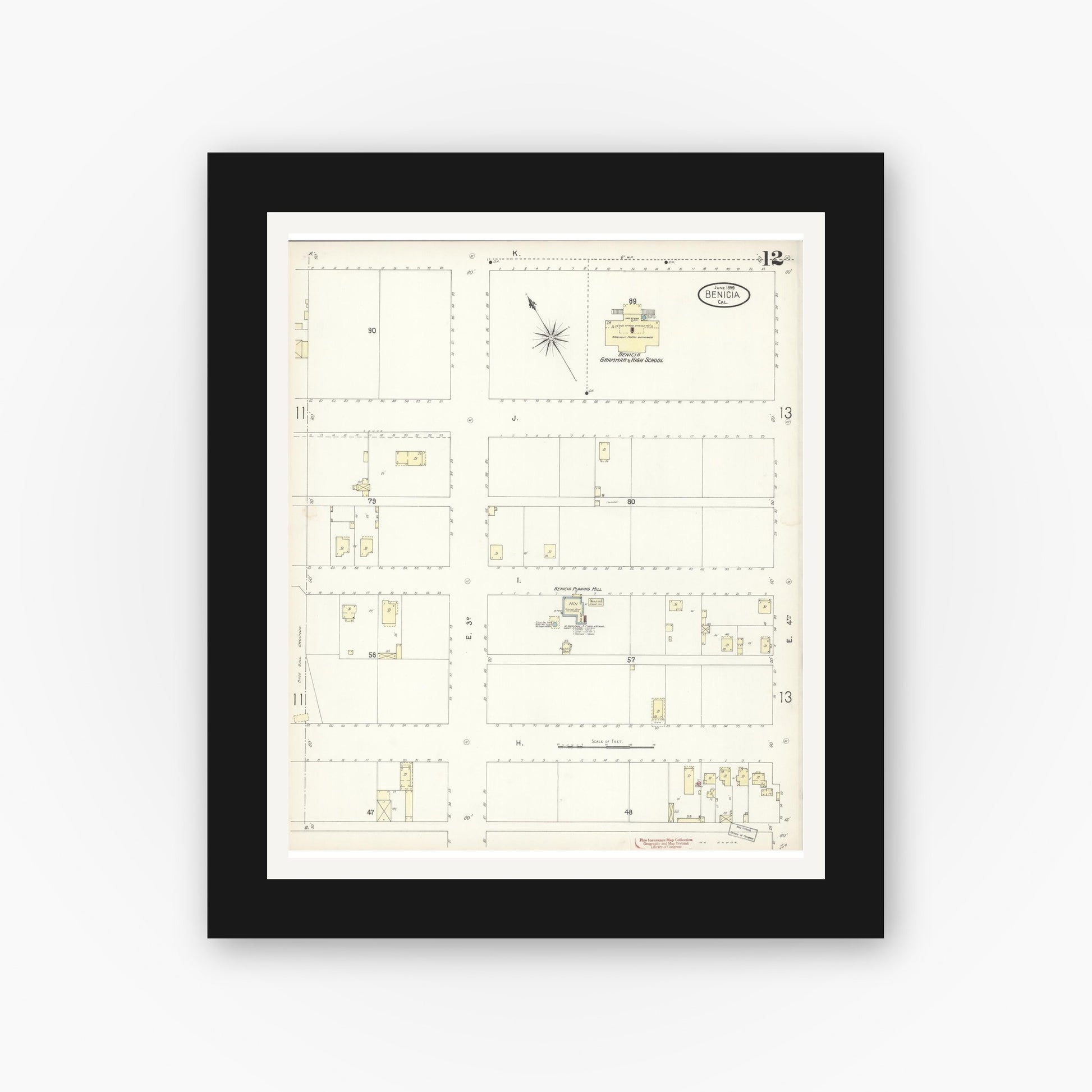 Old map wall art mockup — black gallery frame with white mat — Sanborn Fire Insurance Map from Benicia, Solano County, California (1899), Sheet #0012