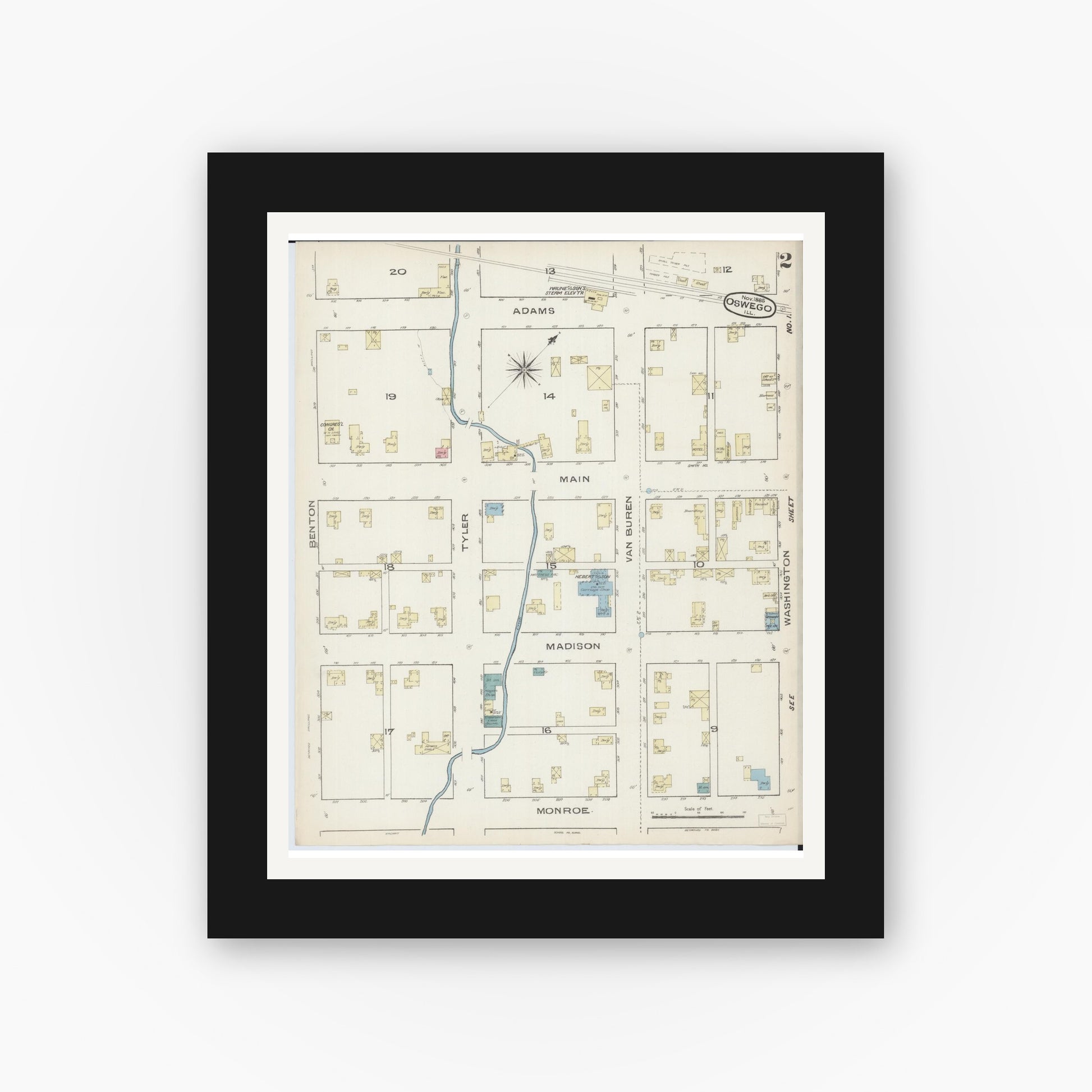 Old map wall art mockup — black gallery frame with white mat — Sanborn Fire Insurance Map from Oswego, Kendall County, Illinois (1885), Sheet #0002
