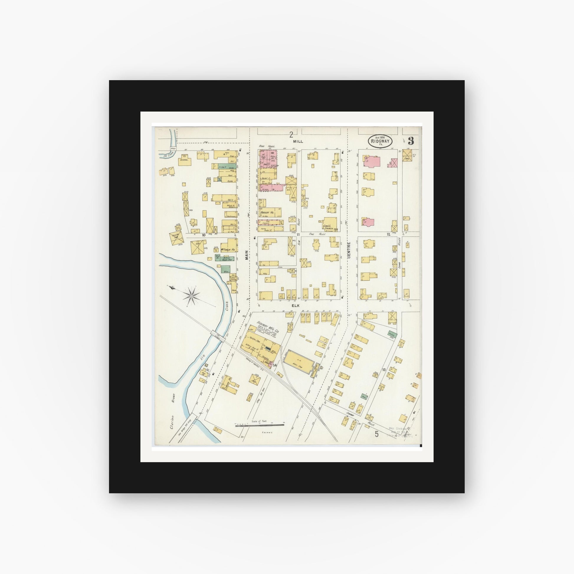 Old map wall art mockup — black gallery frame with white mat — Sanborn Fire Insurance Map from Ridgway, Elk County, Pennsylvania (1898), Sheet #0003