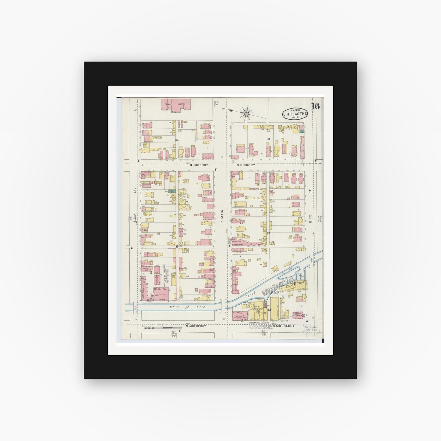 Old map wall art mockup — black gallery frame with white mat — Sanborn Fire Insurance Map from Chillicothe, Ross County, Ohio (1895), Sheet #0016