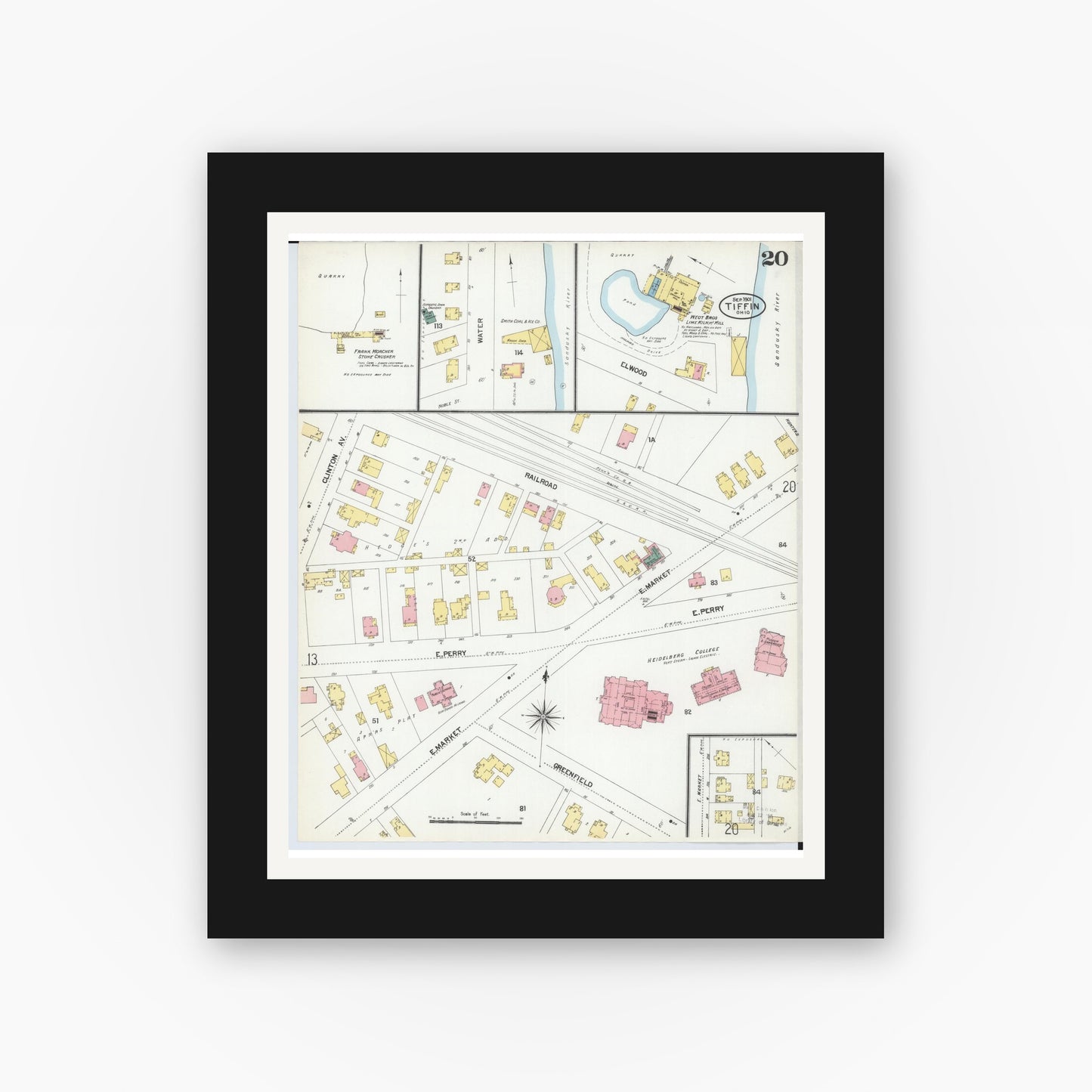Old map wall art mockup — black gallery frame with white mat — Sanborn Fire Insurance Map from Tiffin, Seneca County, Ohio (1901), Sheet #0020