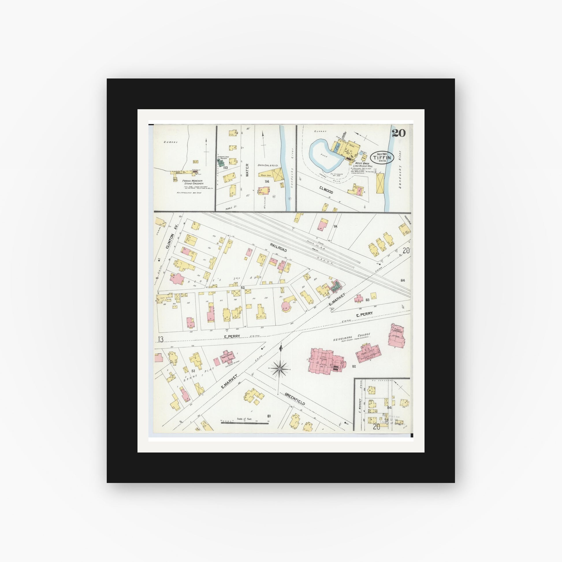 Old map wall art mockup — black gallery frame with white mat — Sanborn Fire Insurance Map from Tiffin, Seneca County, Ohio (1901), Sheet #0020