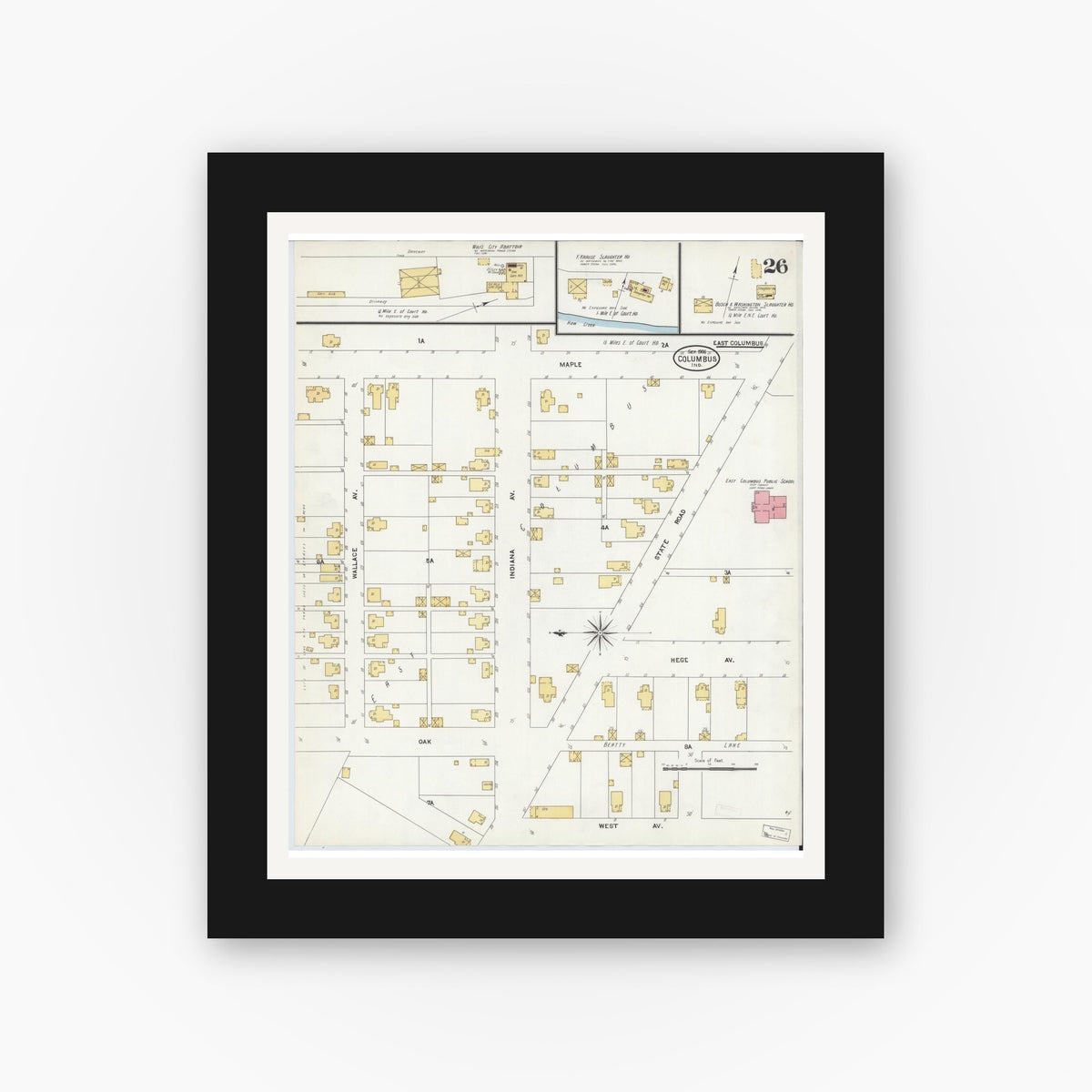 Old map wall art mockup — black gallery frame with white mat — Sanborn Fire Insurance Map from Columbus, Bartholomew County, Indiana (1906), Sheet #0026