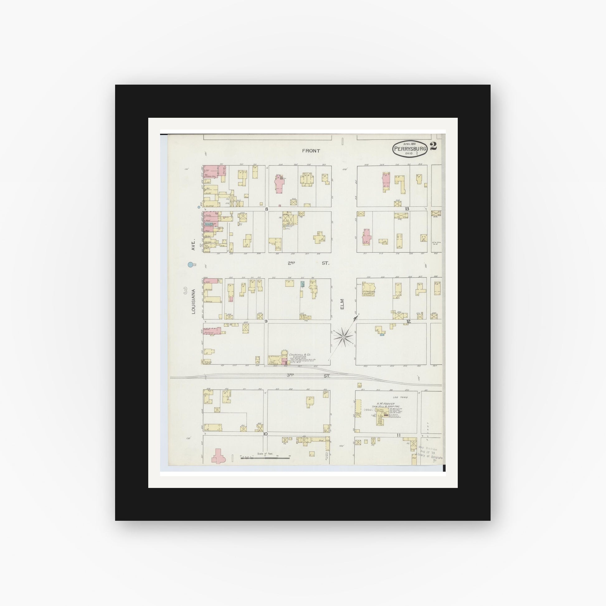 Old map wall art mockup — black gallery frame with white mat — Sanborn Fire Insurance Map from Perrysburg, Wood County, Ohio (1893), Sheet #0002