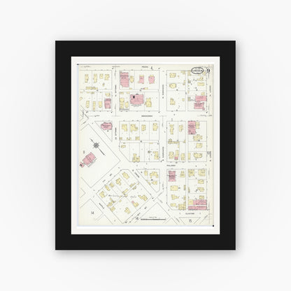 Old map wall art mockup — black gallery frame with white mat — Sanborn Fire Insurance Map from Lincoln, Logan County, Illinois (1914), Sheet #0009