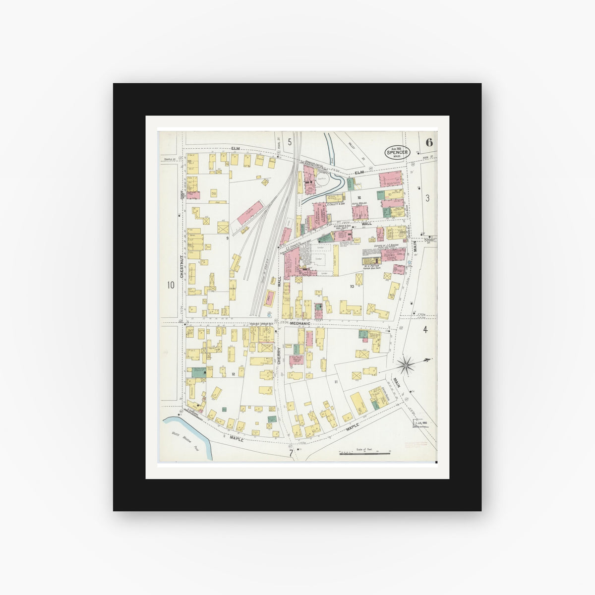 Old map wall art mockup — black gallery frame with white mat — Sanborn Fire Insurance Map from Spencer, Worcester County, Massachusetts (1901), Sheet #0006