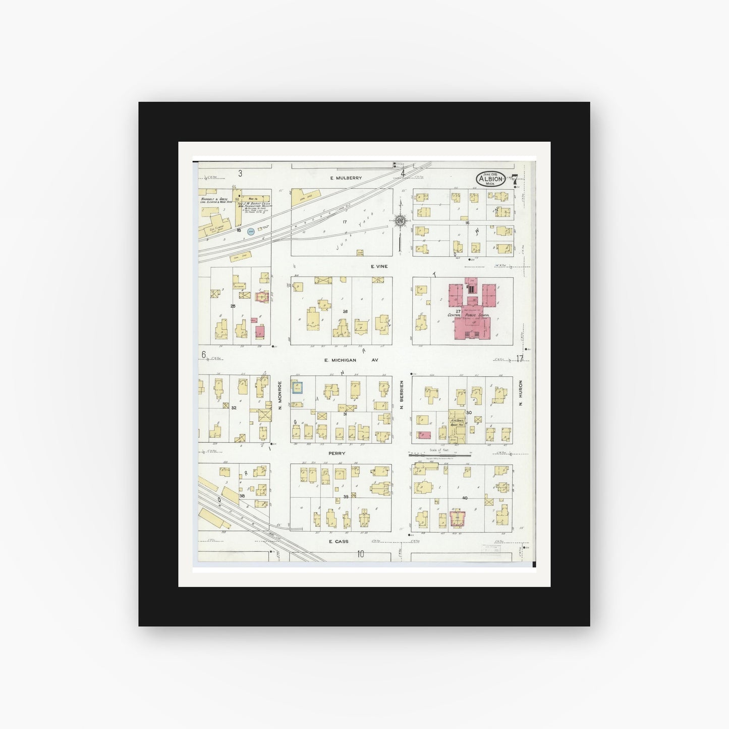 Old map wall art mockup — black gallery frame with white mat — Sanborn Fire Insurance Map from Albion, Calhoun County, Michigan (1918), Sheet #0007