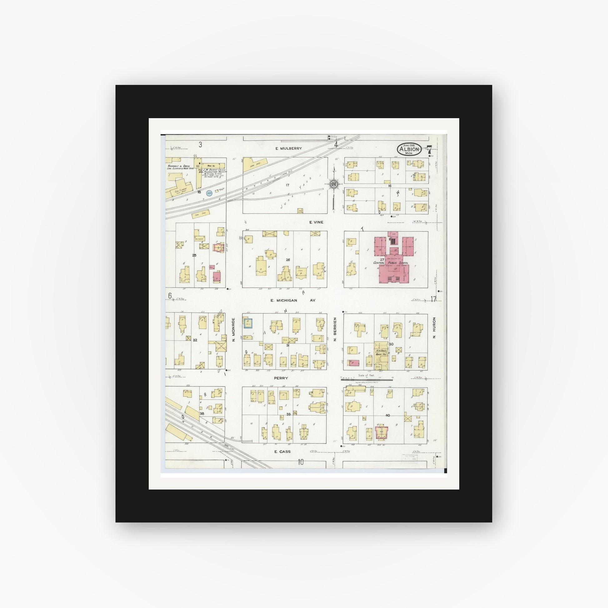 Old map wall art mockup — black gallery frame with white mat — Sanborn Fire Insurance Map from Albion, Calhoun County, Michigan (1918), Sheet #0007