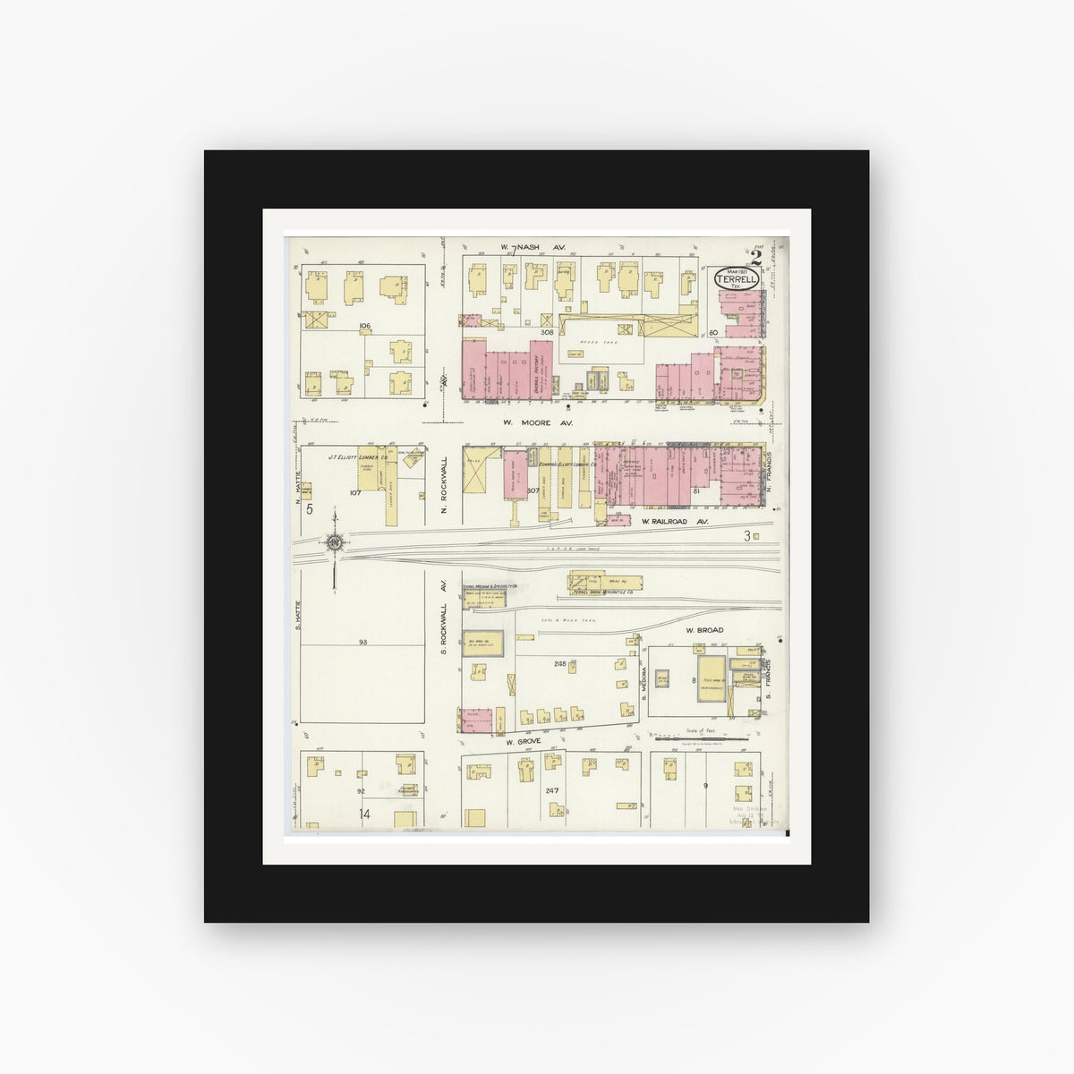 Old map wall art mockup — black gallery frame with white mat — Sanborn Fire Insurance Map from Terrell, Kaufman County, Texas (1921), Sheet #0002