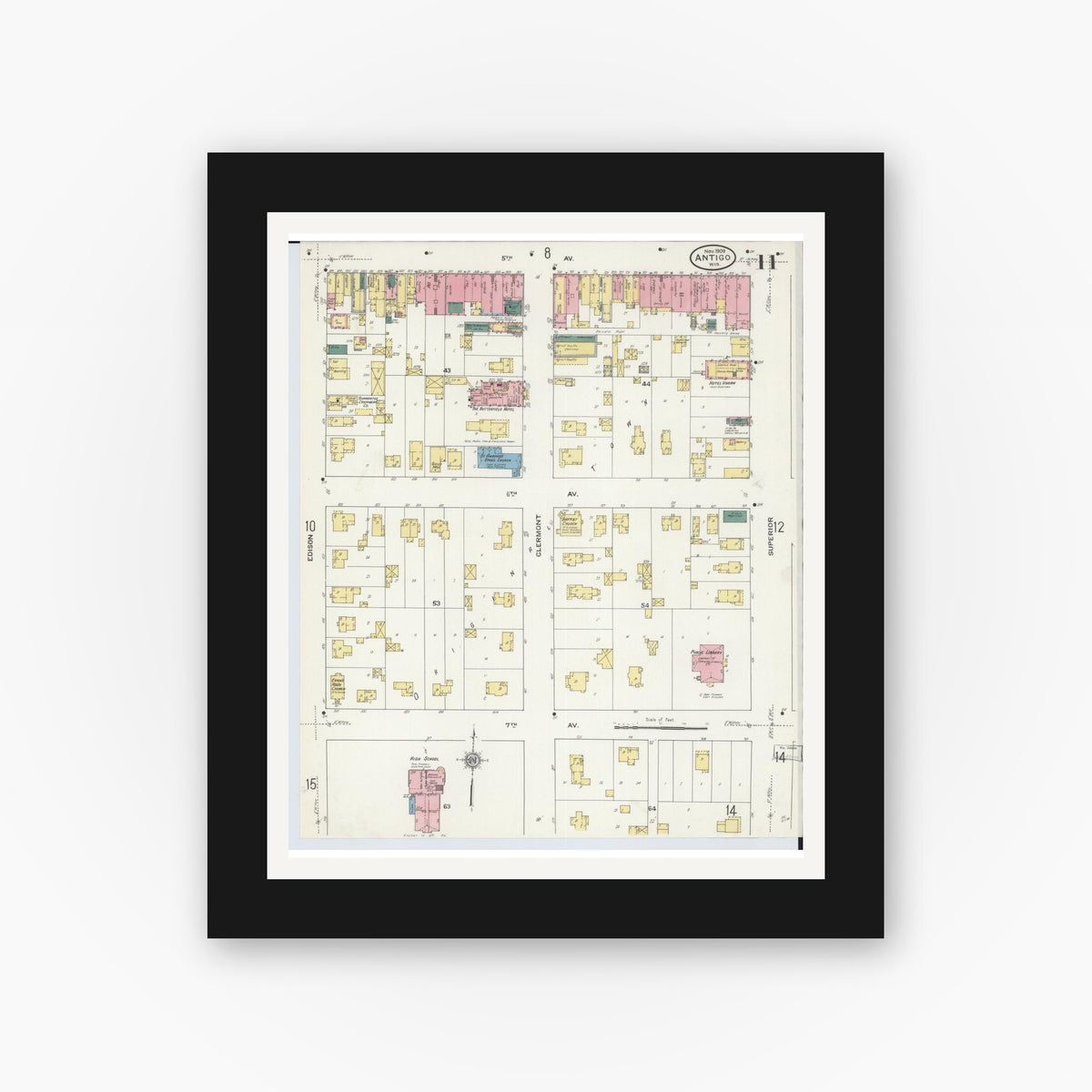 Old map wall art mockup — black gallery frame with white mat — Sanborn Fire Insurance Map from Antigo, Langlade County, Wisconsin (1909), Sheet #0011