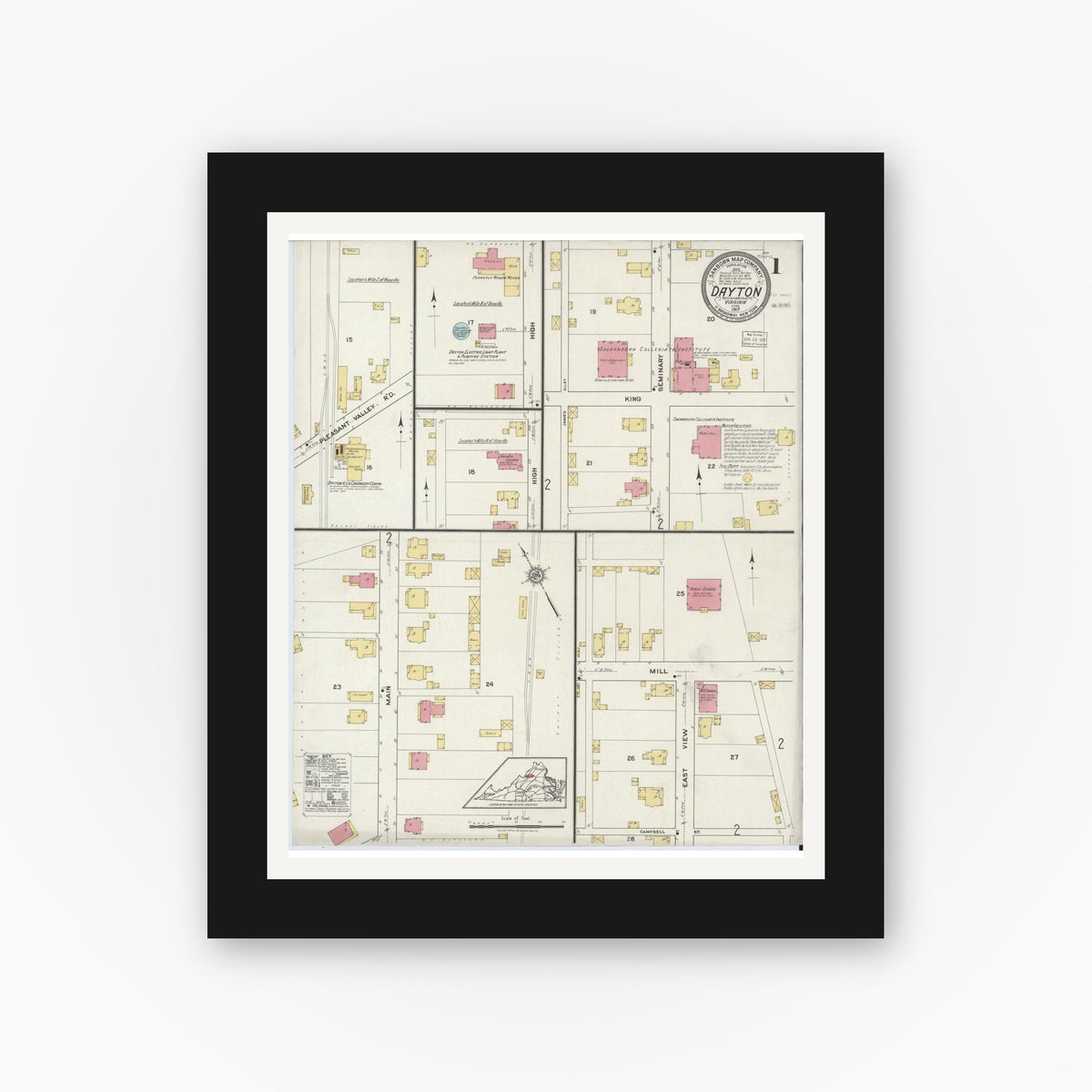 Old map wall art mockup — black gallery frame with white mat — Sanborn Fire Insurance Map from Dayton, Rockingham County, Virginia (1917) - Complete Map Set