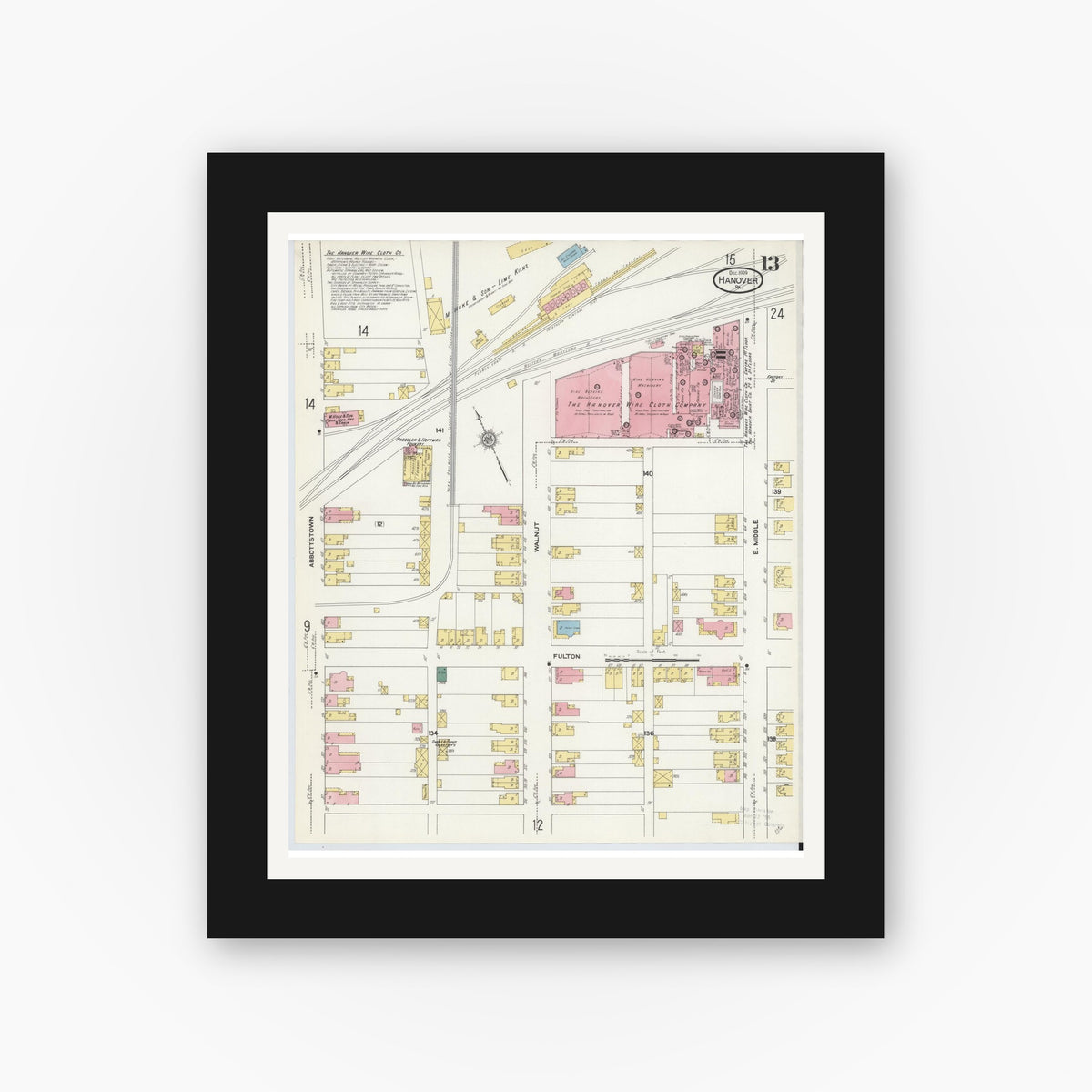 Old map wall art mockup — black gallery frame with white mat — Sanborn Fire Insurance Map from Hanover, York County, Pennsylvania (1909), Sheet #0013