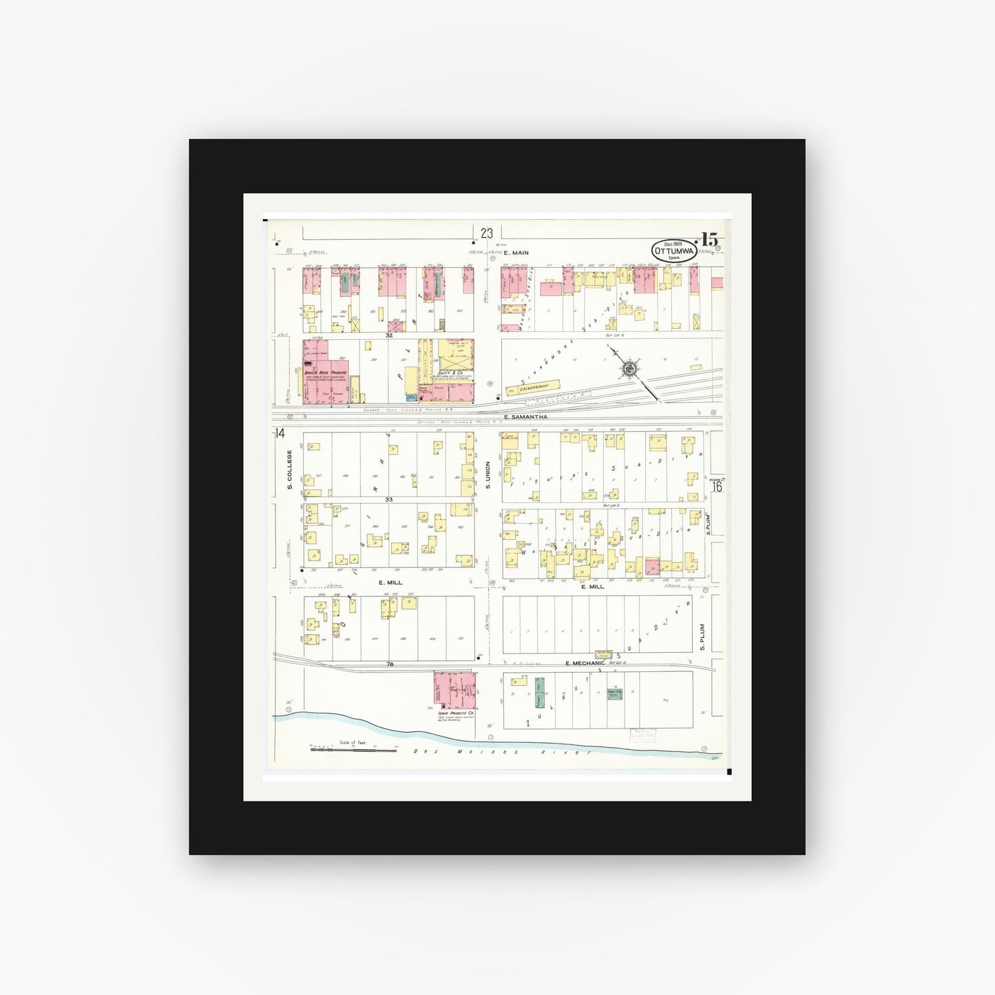 Old map wall art mockup — black gallery frame with white mat — Sanborn Fire Insurance Map from Ottumwa, Wapello County, Iowa (1909), Sheet #0015