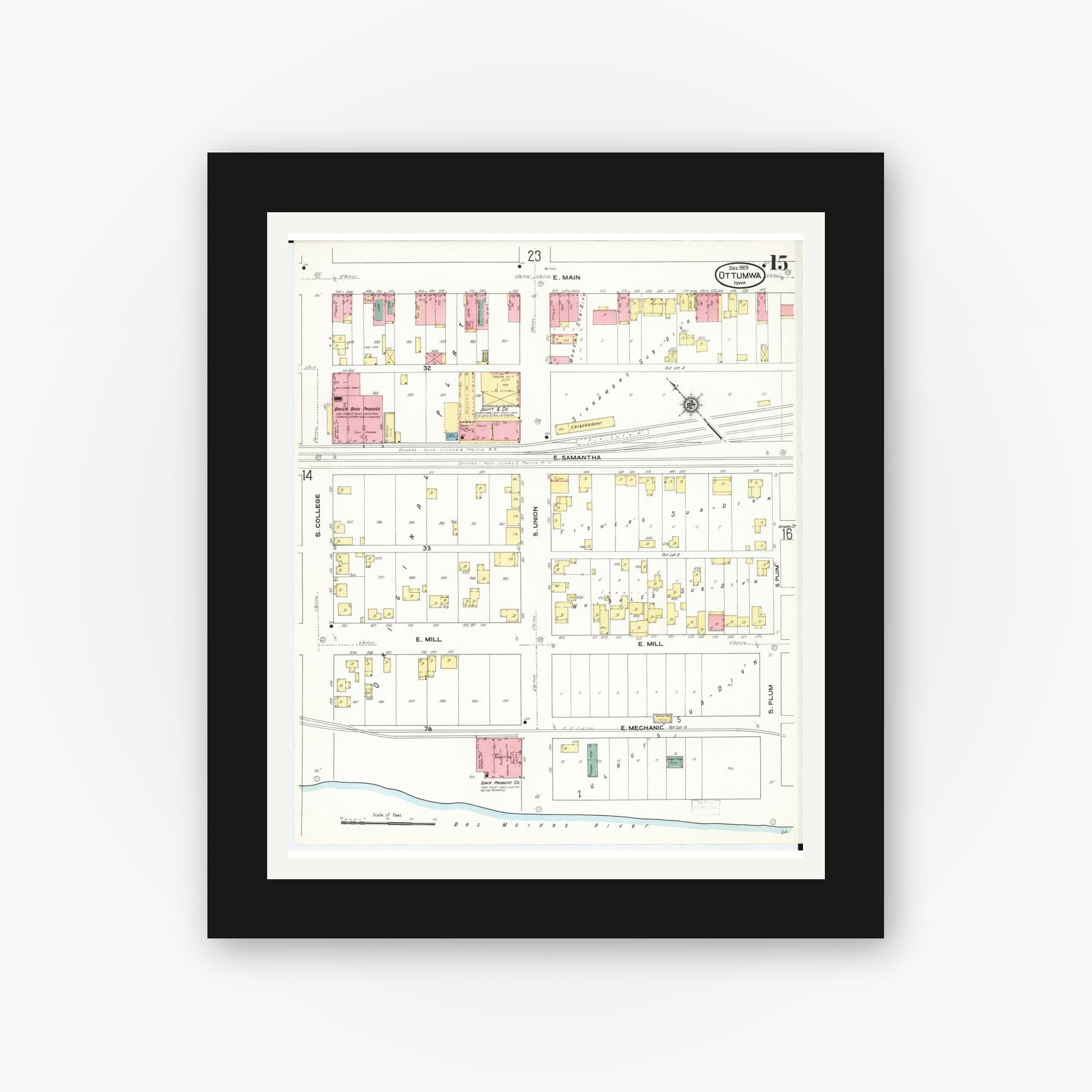 Old map wall art mockup — black gallery frame with white mat — Sanborn Fire Insurance Map from Ottumwa, Wapello County, Iowa (1909), Sheet #0015