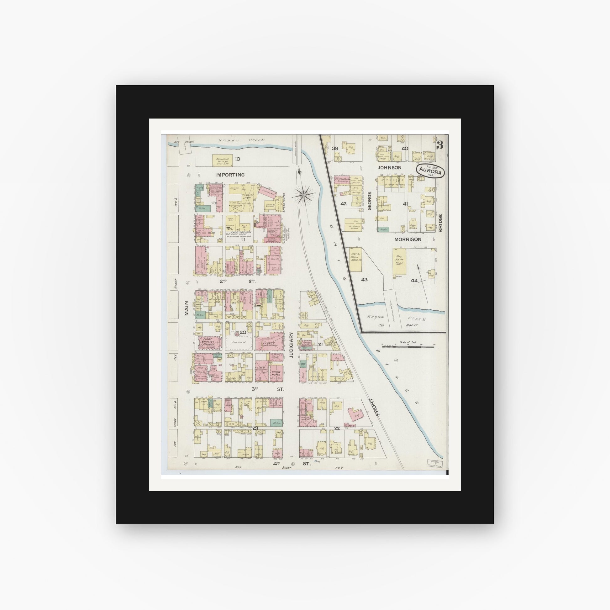 Old map wall art mockup — black gallery frame with white mat — Sanborn Fire Insurance Map from Aurora, Dearborn County, Indiana (1887), Sheet #0003