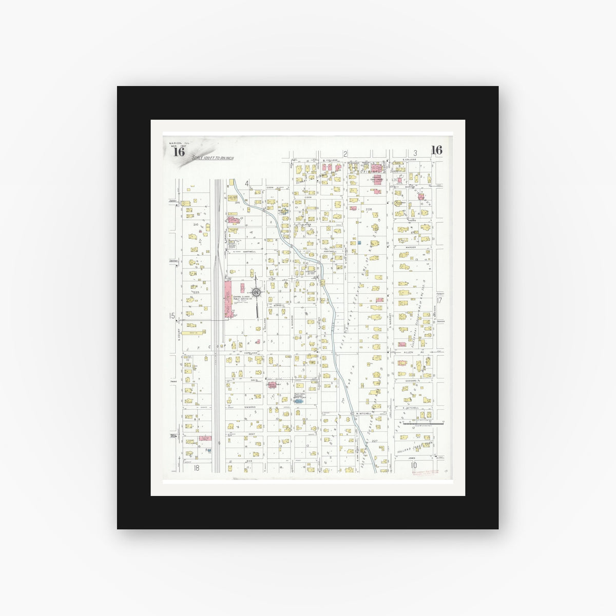 Old map wall art mockup — black gallery frame with white mat — Sanborn Fire Insurance Map from Marion, Williamson County, Illinois (1937), Sheet #0016