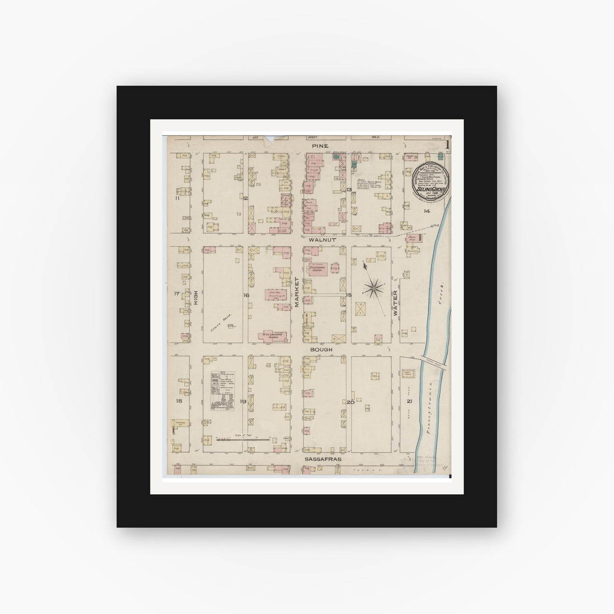 Old map wall art mockup — black gallery frame with white mat — Sanborn Fire Insurance Map from Selins Grove, Snyder County, Pennsylvania (1885) - Complete Map Set