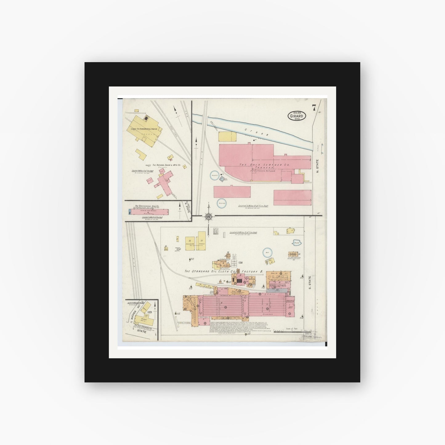 Old map wall art mockup — black gallery frame with white mat — Sanborn Fire Insurance Map from Girard, Trumbull County, Ohio (1915), Sheet #0007