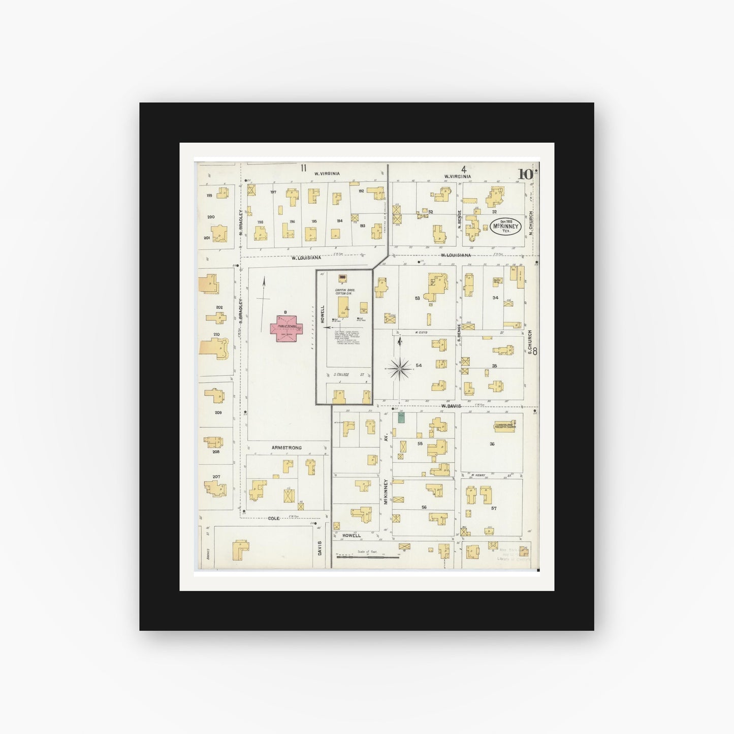 Old map wall art mockup — black gallery frame with white mat — Sanborn Fire Insurance Map from McKinney, Collin County, Texas (1902), Sheet #0010