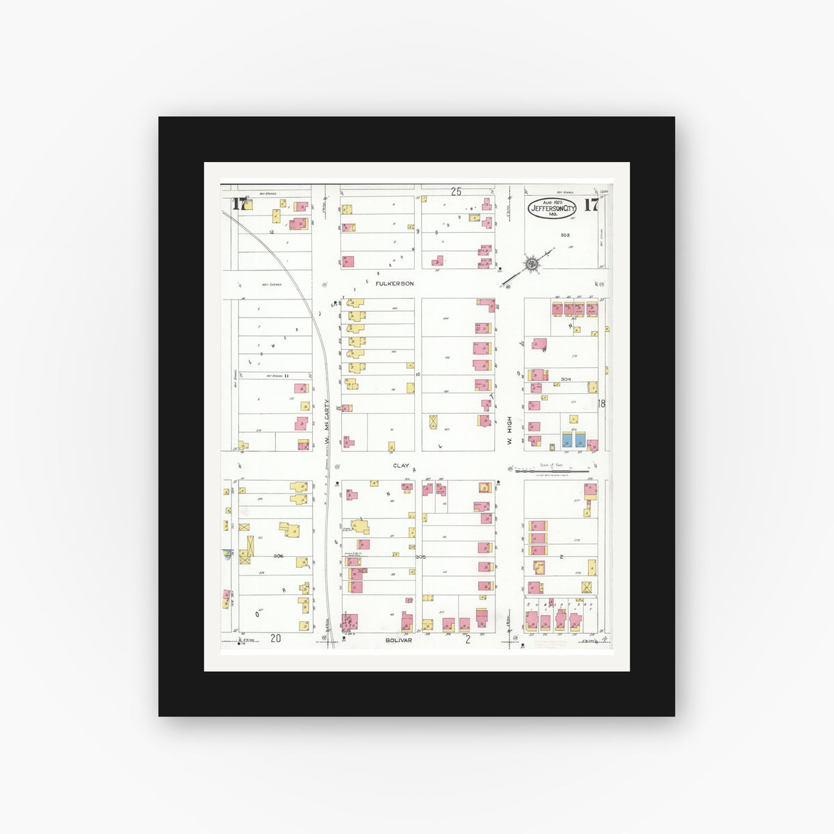 Old map wall art mockup — black gallery frame with white mat — Sanborn Fire Insurance Map from Jefferson City, Cole County, Missouri (1923), Sheet #0017