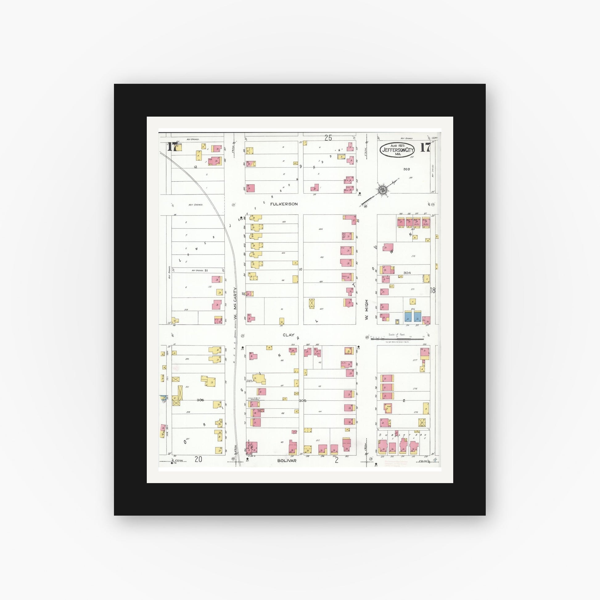 Old map wall art mockup — black gallery frame with white mat — Sanborn Fire Insurance Map from Jefferson City, Cole County, Missouri (1923), Sheet #0017