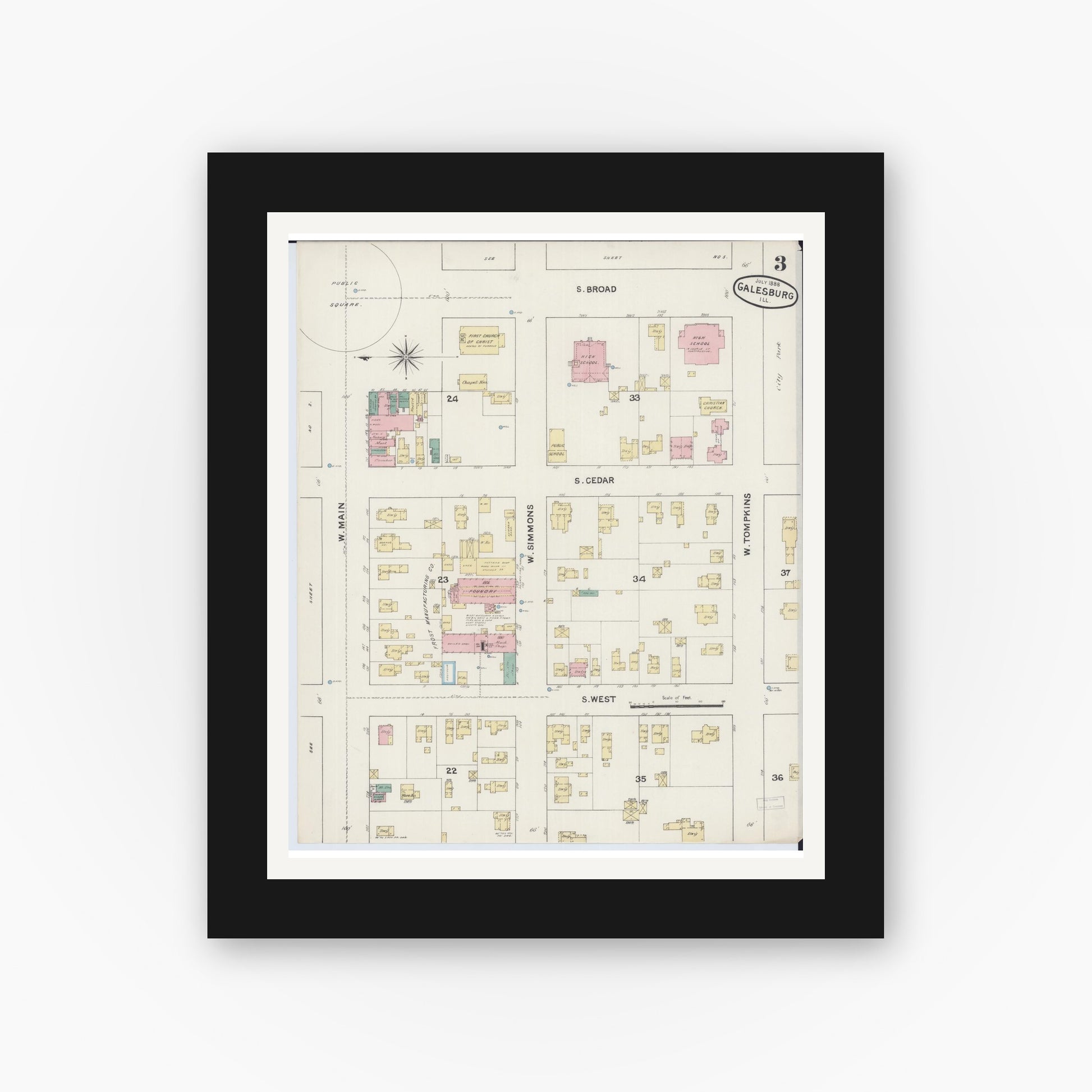Old map wall art mockup — black gallery frame with white mat — Sanborn Fire Insurance Map from Galesburg, Knox County, Illinois (1888), Sheet #0003