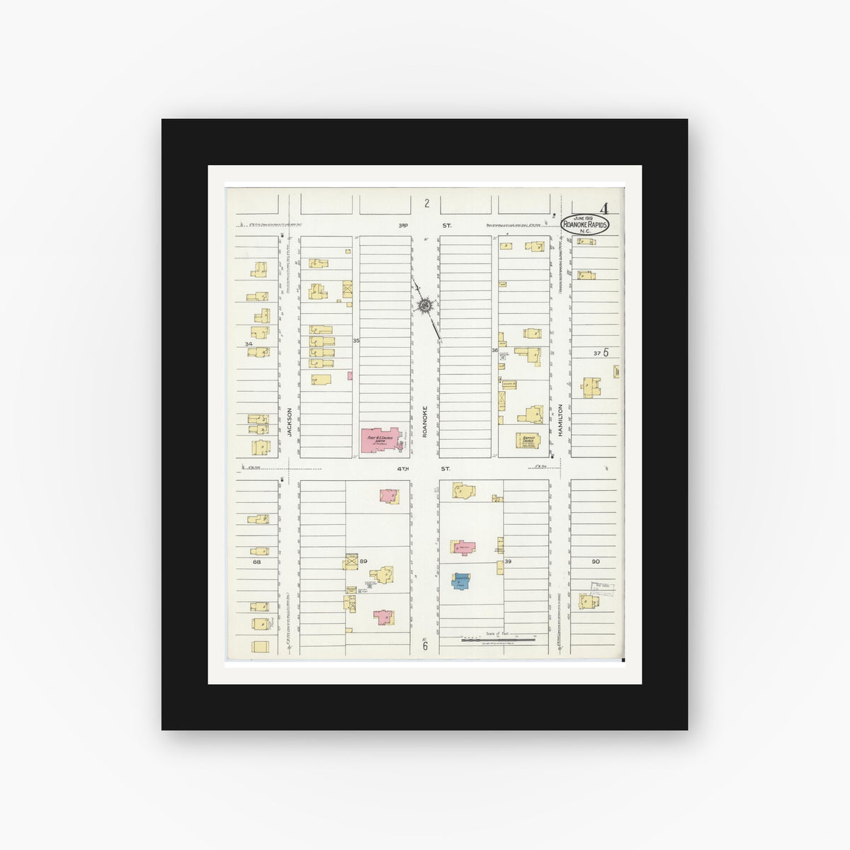 Old map wall art mockup — black gallery frame with white mat — Sanborn Fire Insurance Map from Roanoke Rapids, Halifax County, North Carolina (1919), Sheet #0004