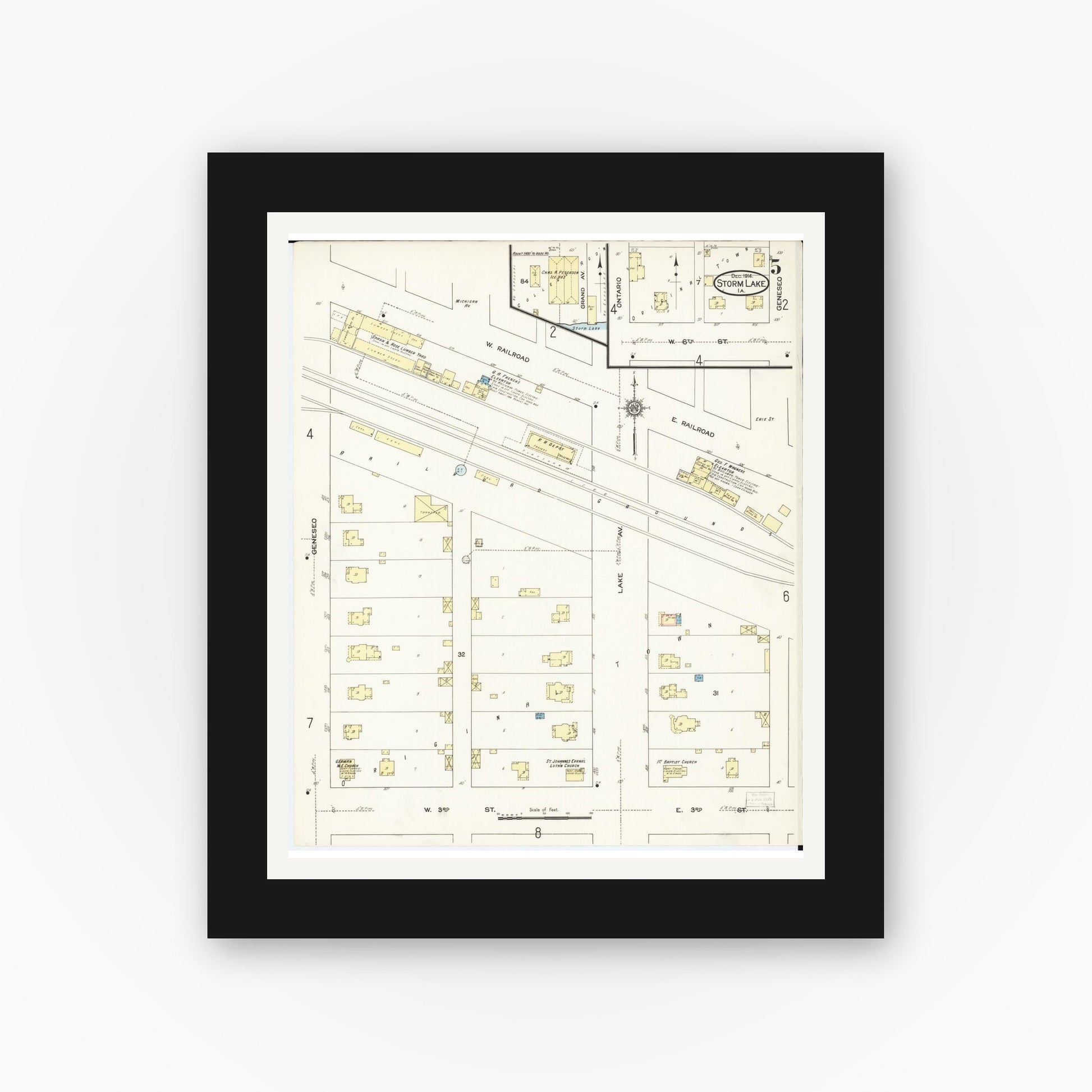 Old map wall art mockup — black gallery frame with white mat — Sanborn Fire Insurance Map from Storm Lake, Buena Vista County, Iowa (1914), Sheet #0005