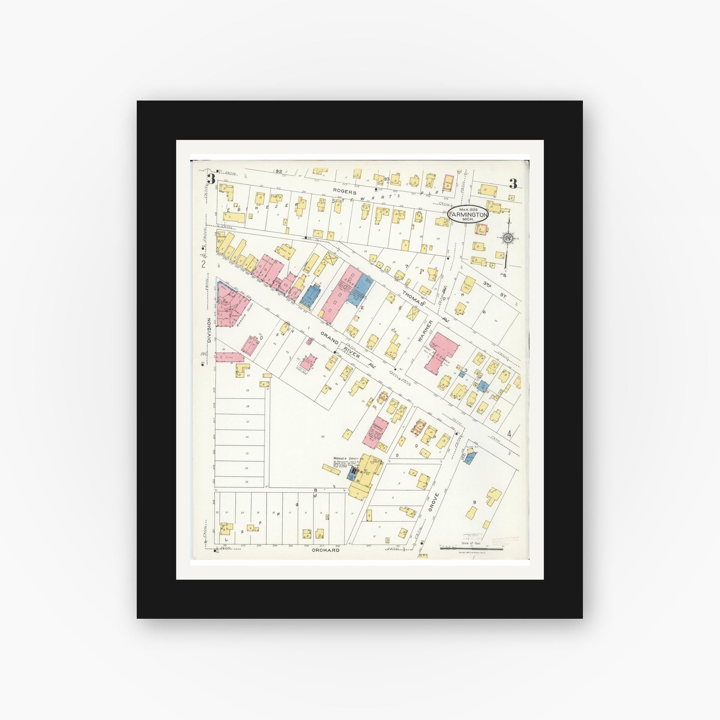 Old map wall art mockup — black gallery frame with white mat — Sanborn Fire Insurance Map from Farmington, Oakland County, Michigan (1926), Sheet #0003