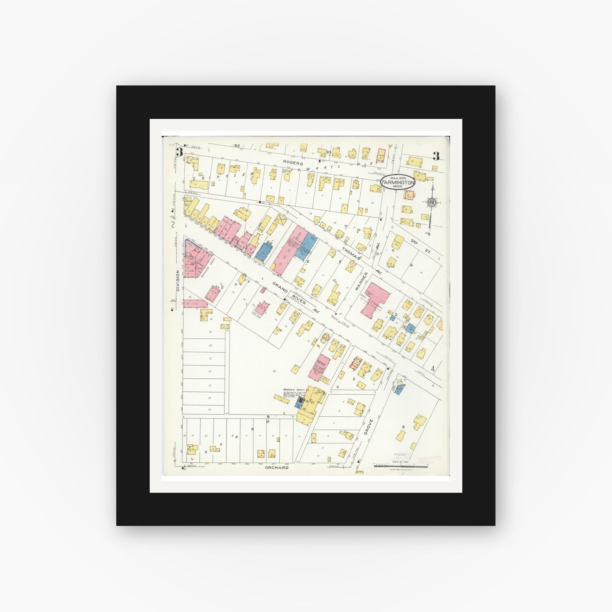 Old map wall art mockup — black gallery frame with white mat — Sanborn Fire Insurance Map from Farmington, Oakland County, Michigan (1926), Sheet #0003