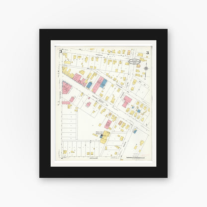 Old map wall art mockup — black gallery frame with white mat — Sanborn Fire Insurance Map from Farmington, Oakland County, Michigan (1926), Sheet #0003