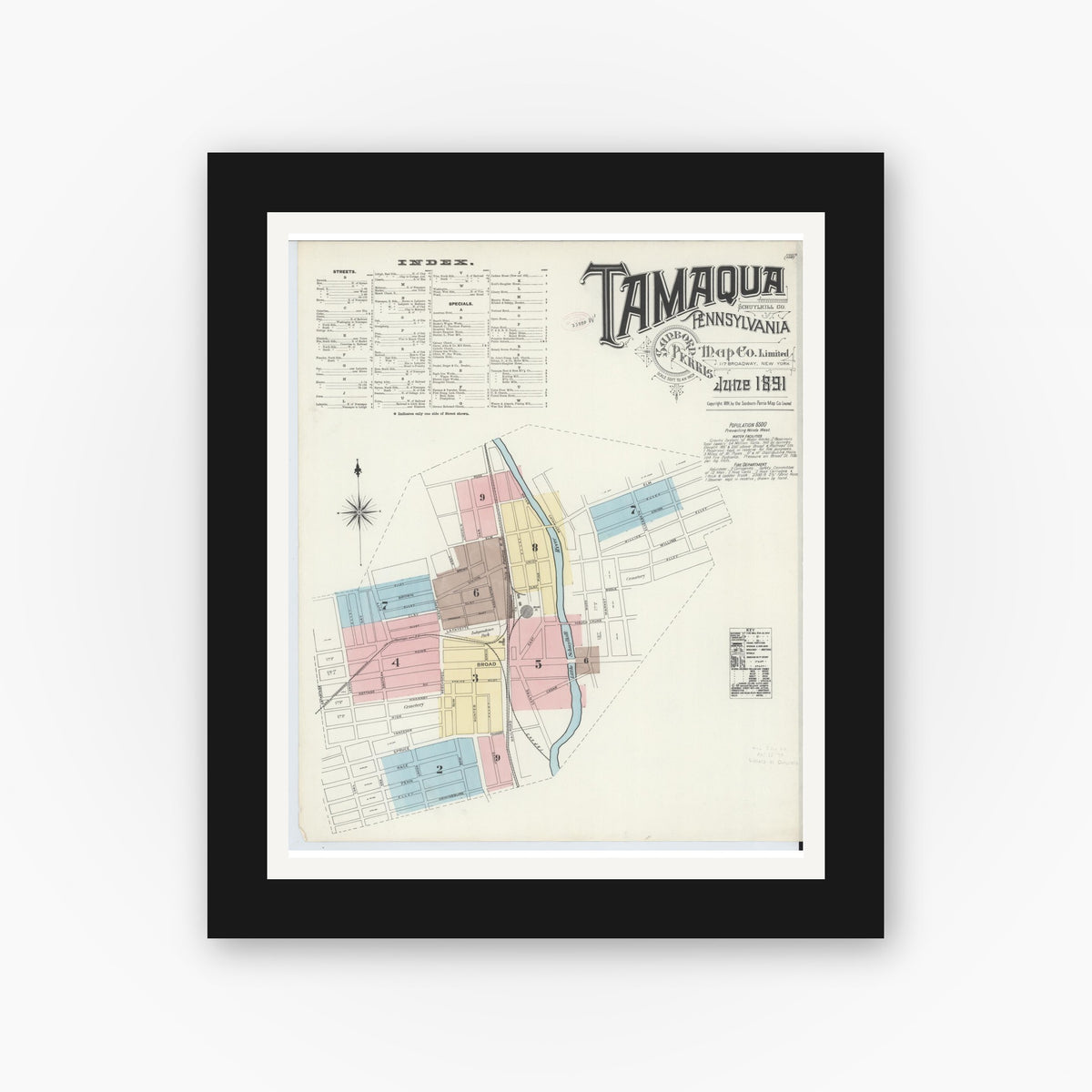 Old map wall art mockup — black gallery frame with white mat — Sanborn Fire Insurance Map from Tamaqua, Schuylkill County, Pennsylvania (1891), Sheet #0001