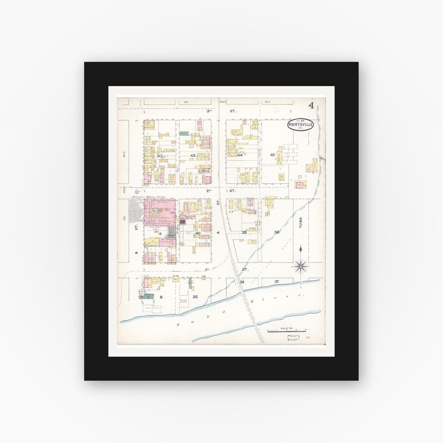 Old map wall art mockup — black gallery frame with white mat — Sanborn Fire Insurance Map from Marysville, Yuba County, California (1890), Sheet #0004