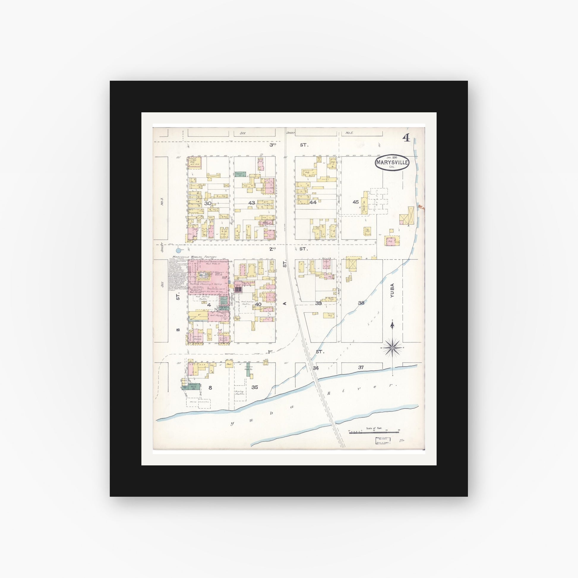 Old map wall art mockup — black gallery frame with white mat — Sanborn Fire Insurance Map from Marysville, Yuba County, California (1890), Sheet #0004
