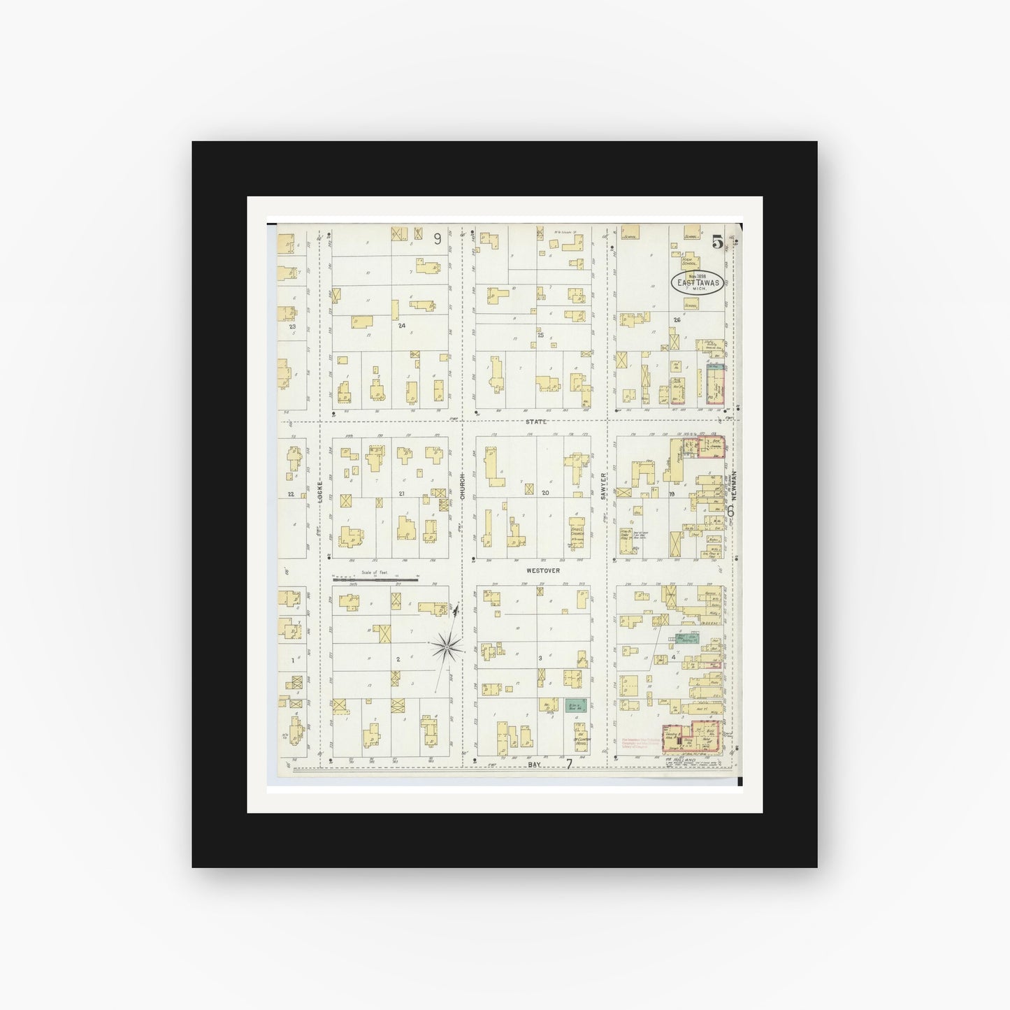Old map wall art mockup — black gallery frame with white mat — Sanborn Fire Insurance Map from East Tawas, Iosco County, Michigan (1898), Sheet #0005