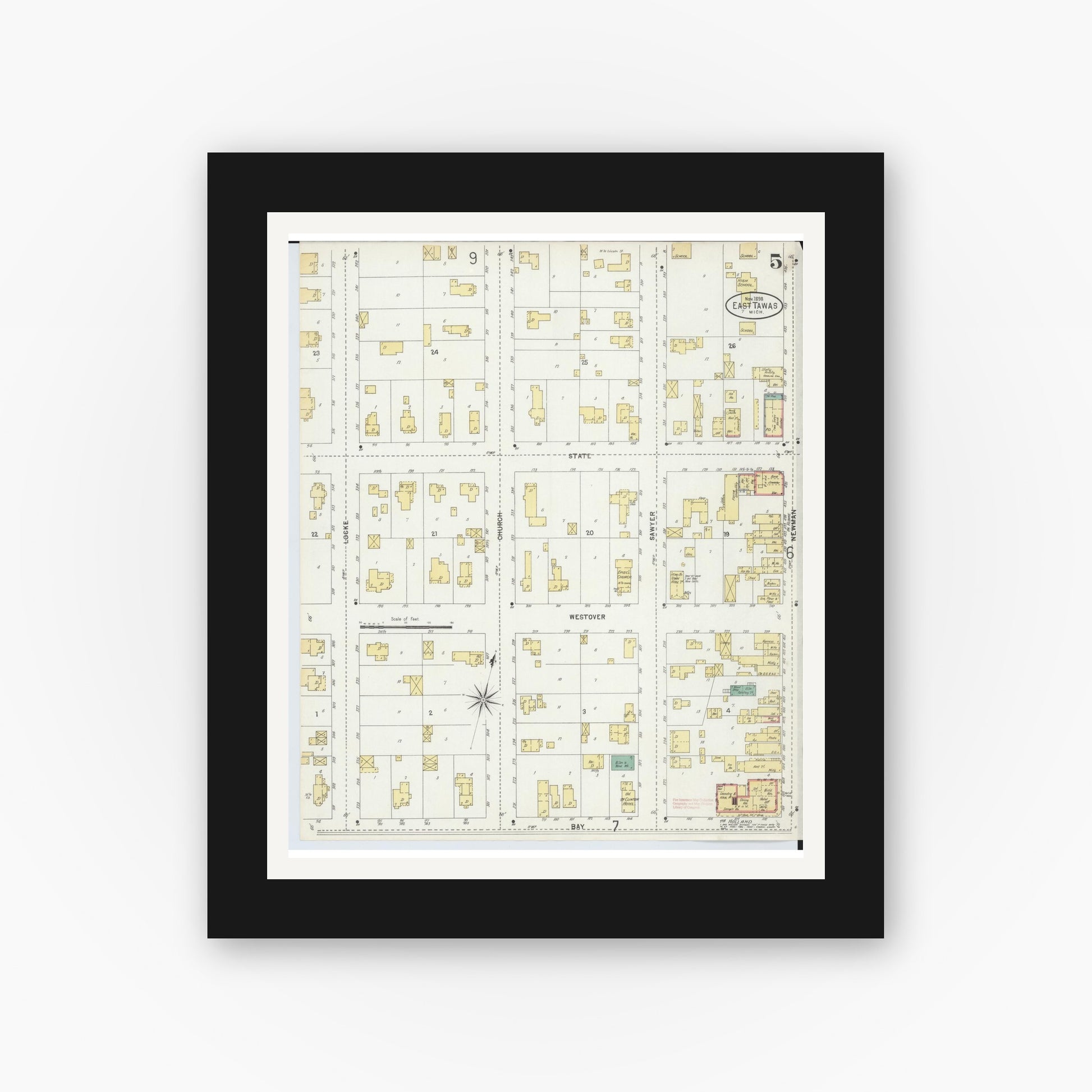 Old map wall art mockup — black gallery frame with white mat — Sanborn Fire Insurance Map from East Tawas, Iosco County, Michigan (1898), Sheet #0005