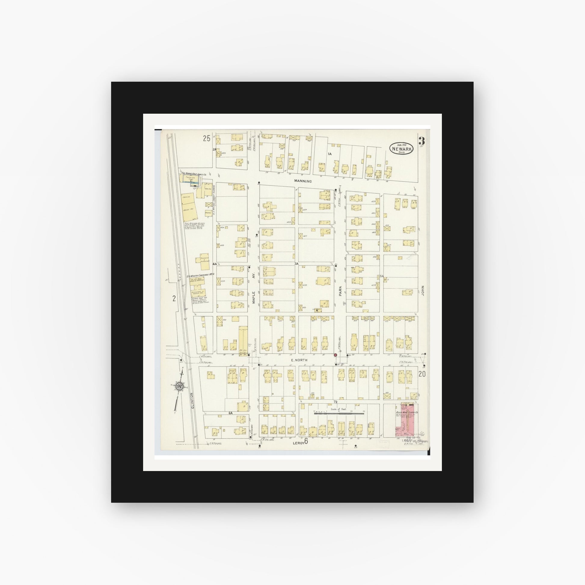 Old map wall art mockup — black gallery frame with white mat — Sanborn Fire Insurance Map from Newark, Licking County, Ohio (1912), Sheet #0003