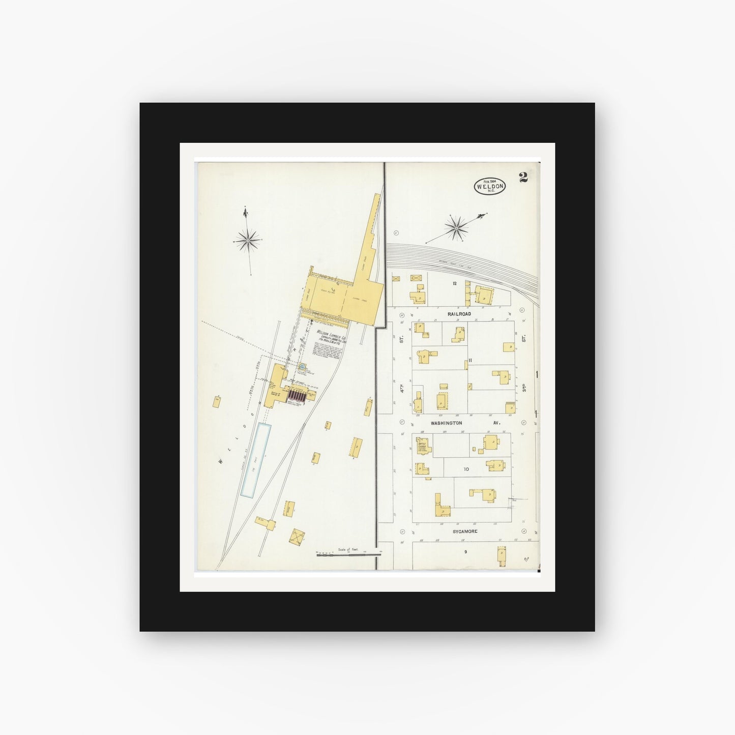 Old map wall art mockup — black gallery frame with white mat — Sanborn Fire Insurance Map from Weldon, Halifax County, North Carolina (1904), Sheet #0002