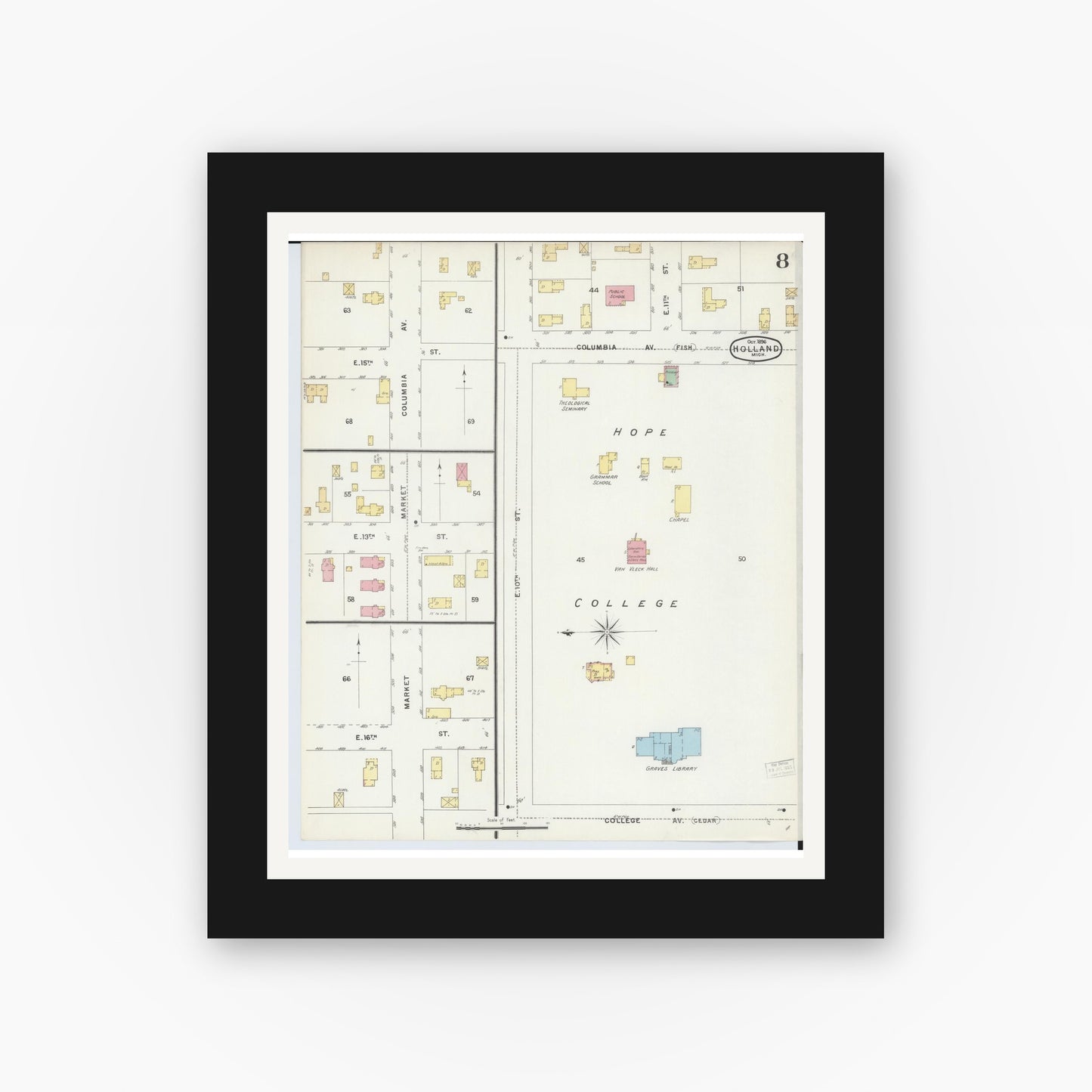 Old map wall art mockup — black gallery frame with white mat — Sanborn Fire Insurance Map from Holland, Ottawa County, Michigan (1896), Sheet #0008