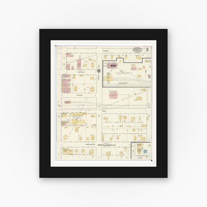 Old map wall art mockup — black gallery frame with white mat — Sanborn Fire Insurance Map from Pawnee, Sangamon County, Illinois (1917), Sheet #0002