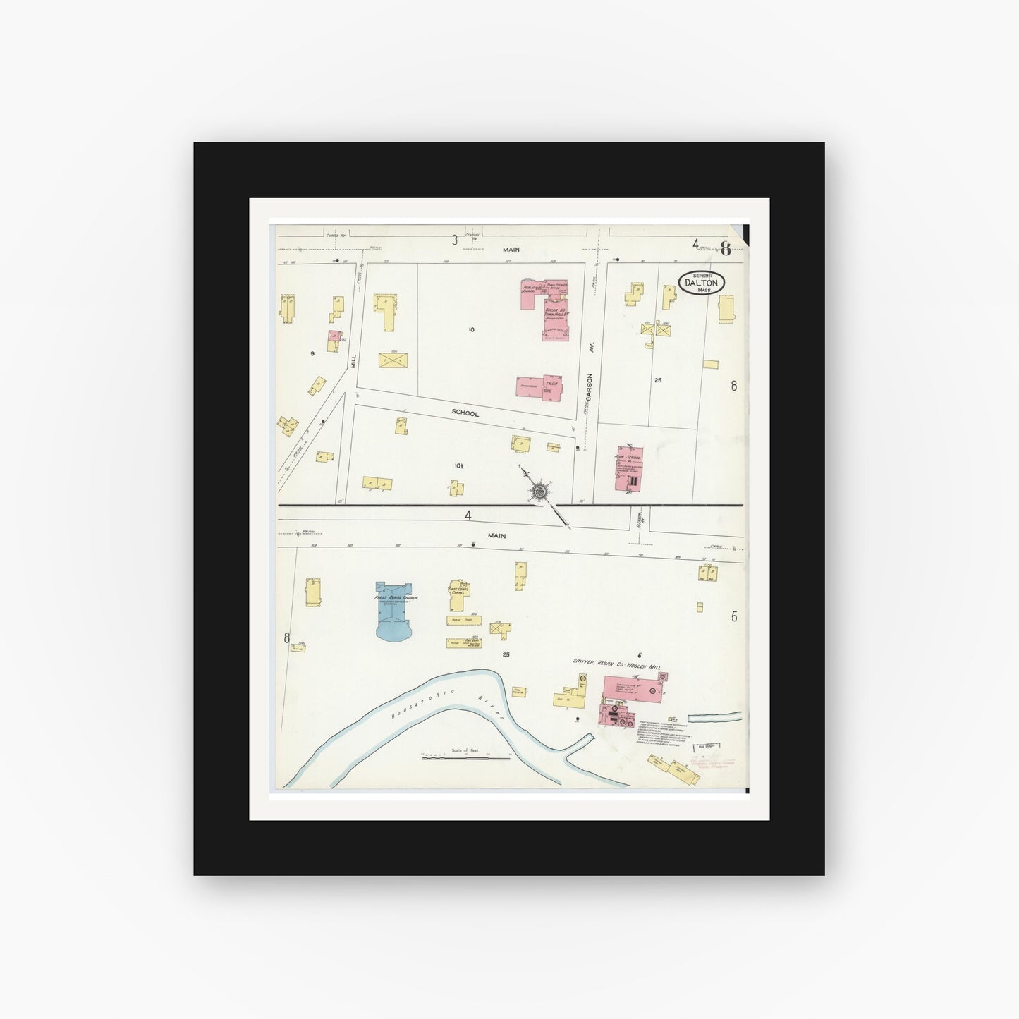 Old map wall art mockup — black gallery frame with white mat — Sanborn Fire Insurance Map from Dalton, Berkshire County, Massachusetts (1911), Sheet #0008
