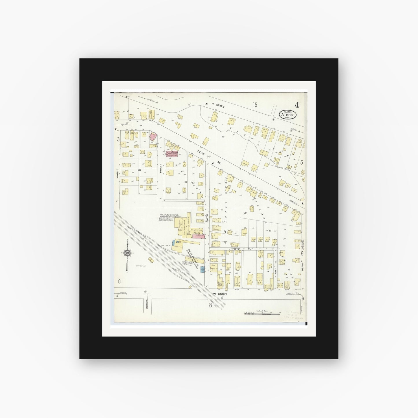 Old map wall art mockup — black gallery frame with white mat — Sanborn Fire Insurance Map from Athens, Athens County, Ohio (1914), Sheet #0004