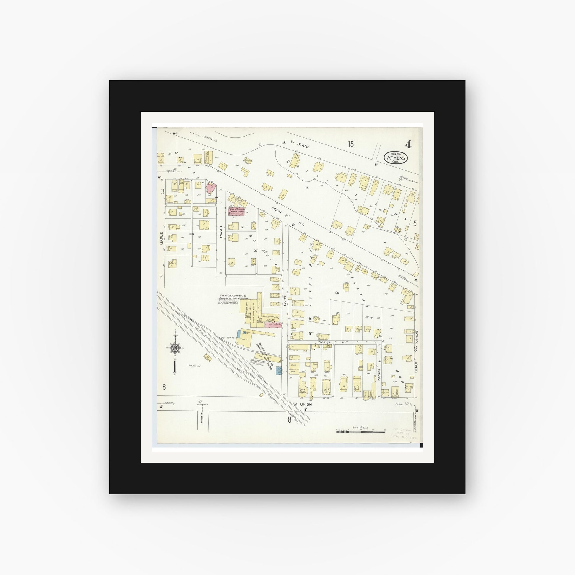 Old map wall art mockup — black gallery frame with white mat — Sanborn Fire Insurance Map from Athens, Athens County, Ohio (1914), Sheet #0004